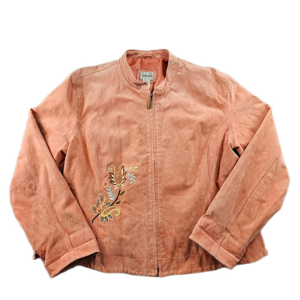 Chicos 100% Leather Jacket Women's 3 Peach Embroidered‎ Side Silt Long Full Zip